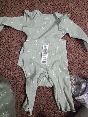 Pekkle Sage Green Floral Ribbed Baby Outfit
